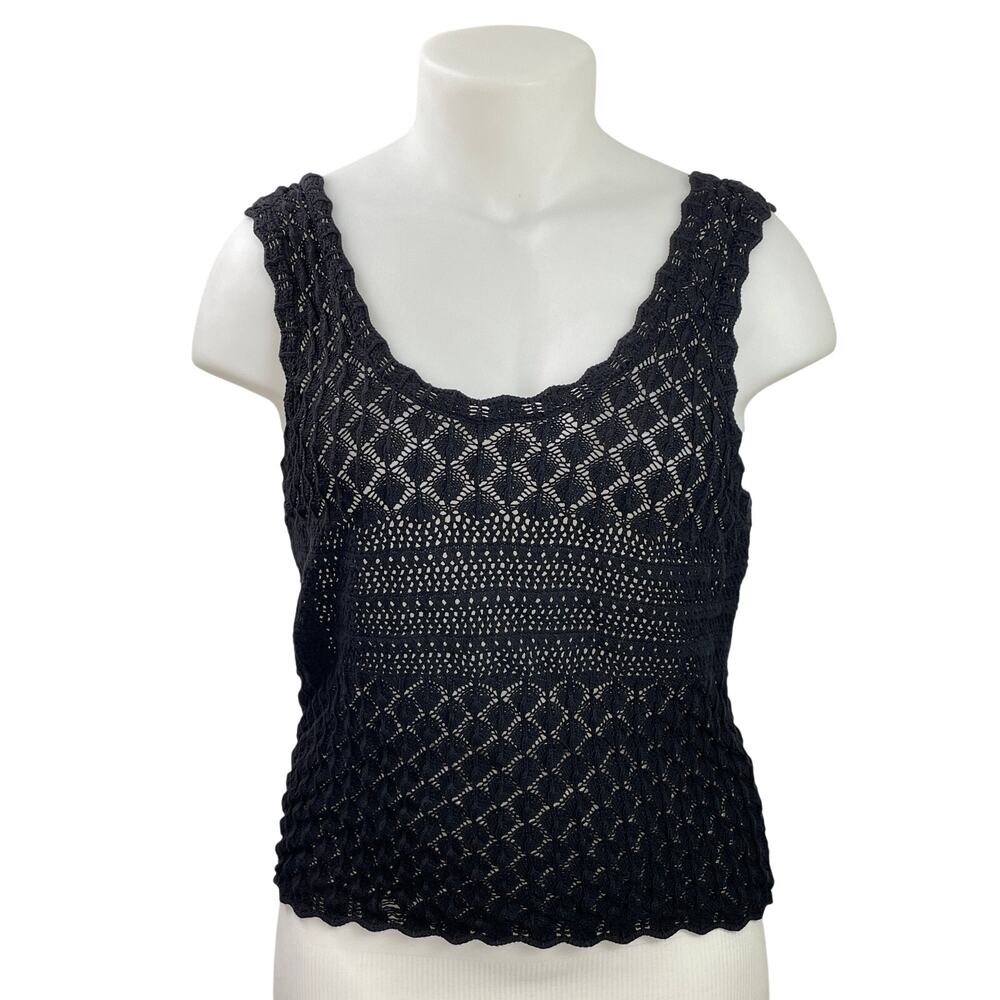 MNG by Mango Womens Black Sleeveless Knit Open Crochet Scoop Neck Tank Top Sz XL